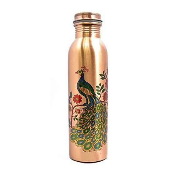 AYURVEDACOPPER Peacock Printed Lacquer Coated Pure Copper Water Bottle (1 Liter)