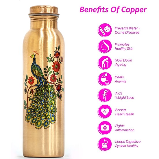 AYURVEDACOPPER Peacock Printed Lacquer Coated Pure Copper Water Bottle (1 Liter)