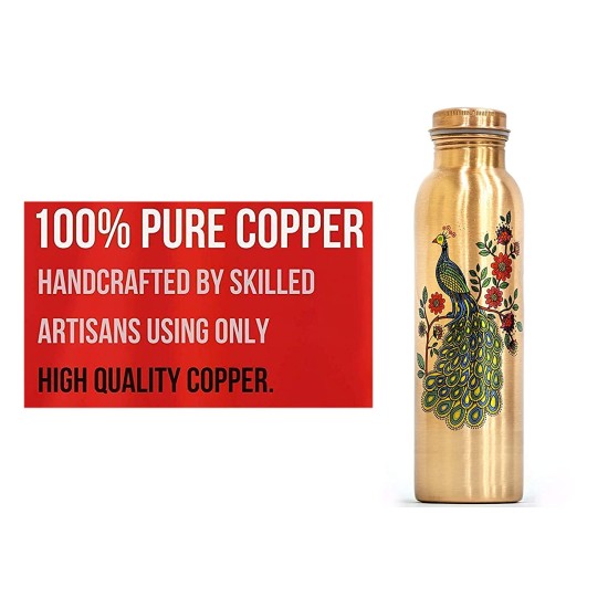 AYURVEDACOPPER Peacock Printed Lacquer Coated Pure Copper Water Bottle (1 Liter)