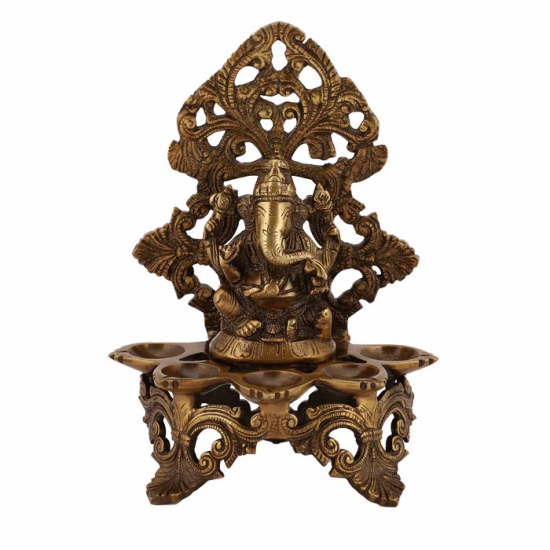 Brass Ganesh Ji 5 Diya with Stand - Elegant Pooja Accessory for Your Home