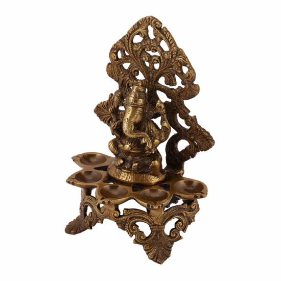 Brass Ganesh Ji 5 Diya with Stand - Elegant Pooja Accessory for Your Home