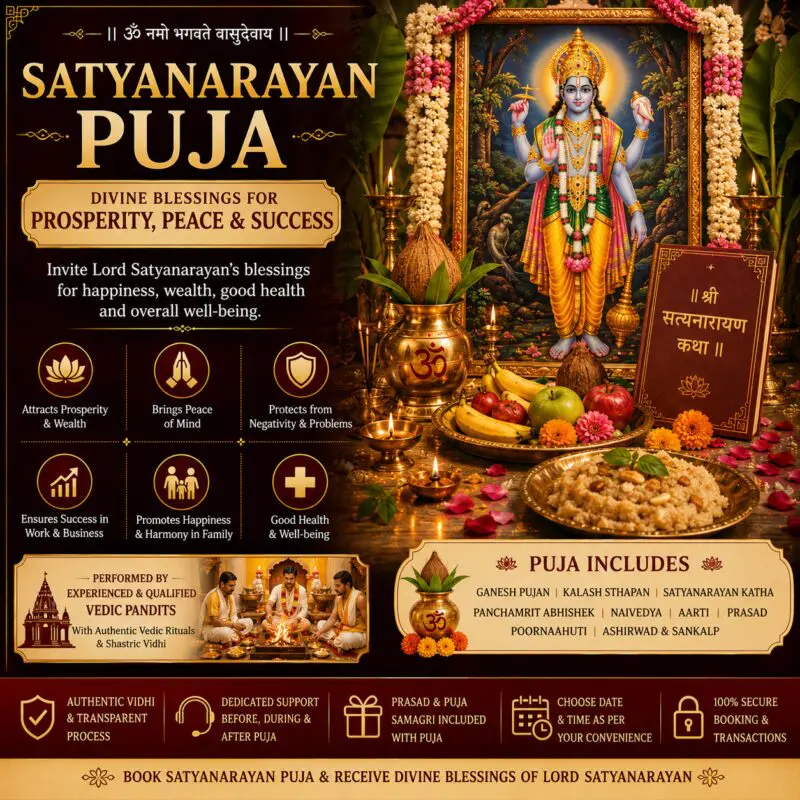 Satyanarayan Puja performed by experienced Vedic pandits for prosperity, peace, success, happiness, and divine blessings of Lord Satyanarayan c