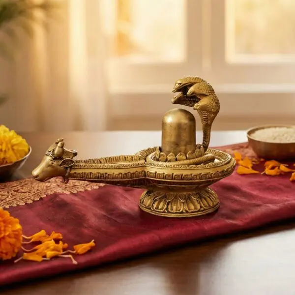 Sheshnaag Shivling with Nandi Vahan Abhishekam-Ready Sacred Brass Idol for Home & Temple Worship