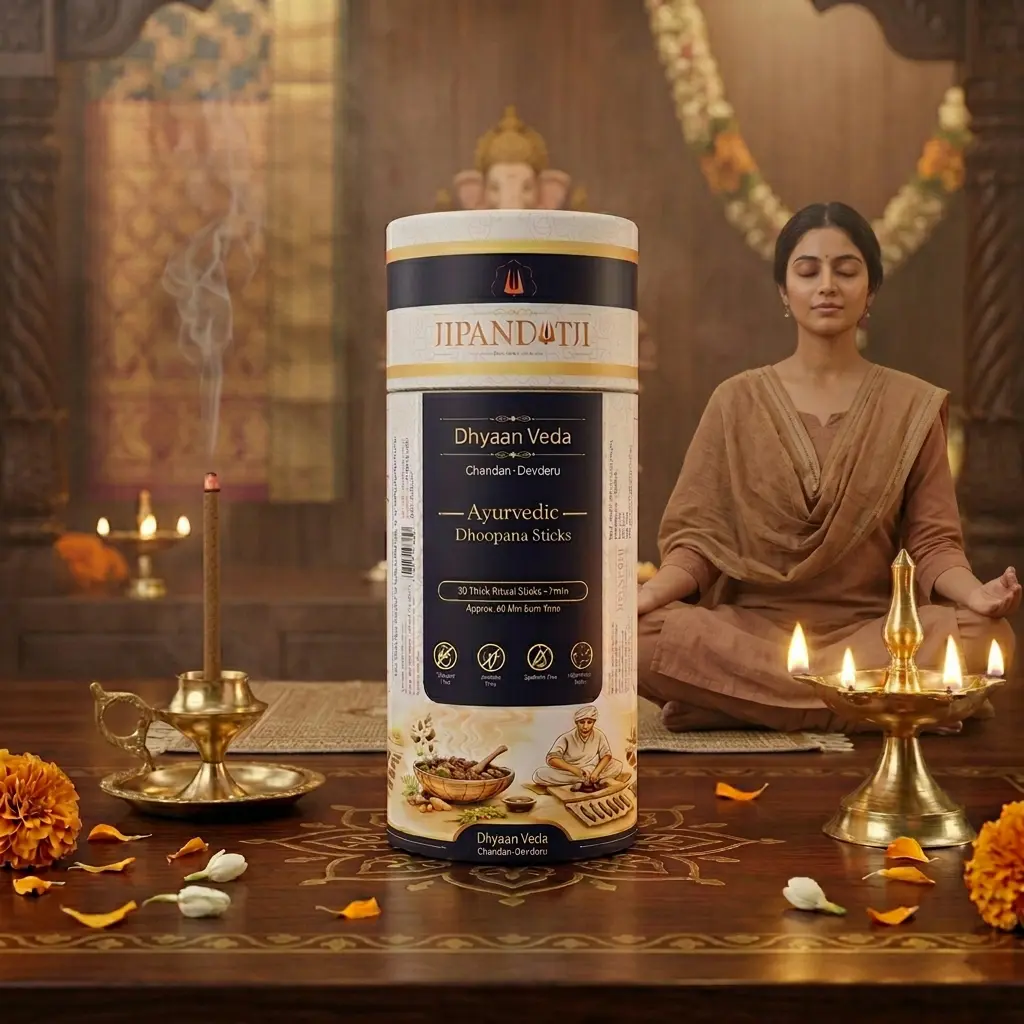 DhyanVeda4 Jipanditji Dhyaan Veda Ayurvedic Dhoop Sticks (Chandan Devdaru) | 30 Thick 7mm Sticks | 100% Herbal | Charcoal-Free & Bamboo-Free | 60 Min Burn | For Meditation, Yoga & Pooja - Image 1