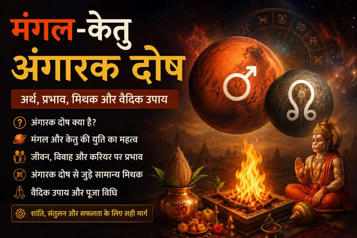 मंगल-केतु अंगारक दोष का चित्र जिसमें मंगल, केतु, वैदिक हवन और भगवान हनुमान को दर्शाया गया है।