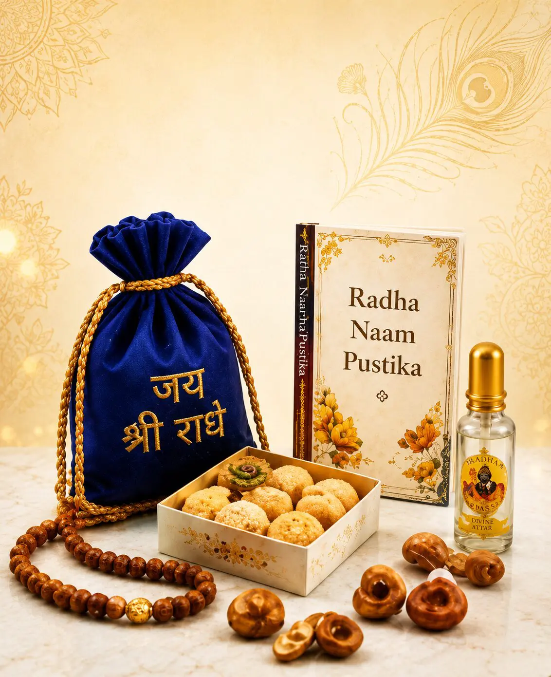 Radha Naam Pustika devotional kit with Jai Shri Radhe velvet pouch, Tulsi mala, sacred prasad, and divine attar for Krishna bhakti.