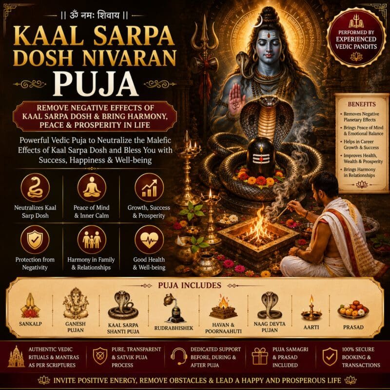 Kaal Sarpa Dosh Nivaran Puja performed by experienced Vedic pandits for relief from Kaal Sarpa Dosha, peace, prosperity, and Lord Shiva's blessings