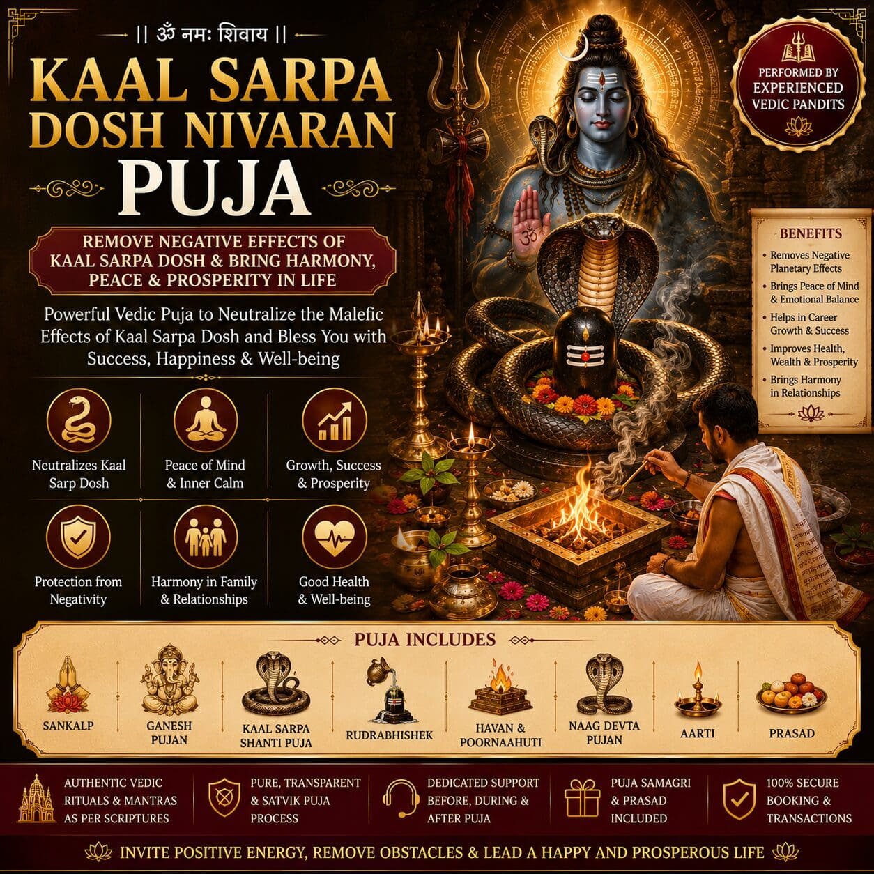Kaal Sarpa Dosh Nivaran Puja | Relief from Kaal Sarpa Dosha Kaal Sarpa Dosh Nivaran Puja performed by experienced Vedic pandits for relief from Kaal Sarpa Dosha, peace, prosperity, and Lord Shiva's blessings