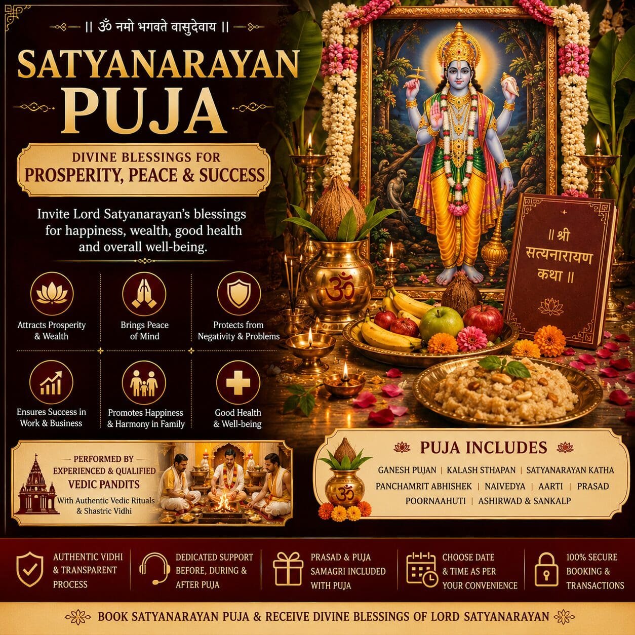 Satyanarayan Puja | Divine Blessings for Prosperity, Peace & Success Satyanarayan Puja performed by experienced Vedic pandits for prosperity, peace, success, happiness, and divine blessings of Lord Satyanarayan c