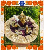 Dark Maroon Cotton Ladoo Gopal Dress | Elegant Thakur Ji Poshak with Golden Lace & Stone Work 