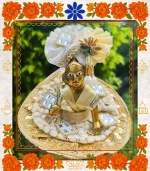 Golden Designer Ladoo Gopal Dress | Elegant Thakur Ji Poshak with Mirror & Pearl Work 