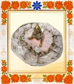 Peach & Golden Designer Ladoo Gopal Dress | Elegant Stone & Pearl Work Poshak  - Image 2