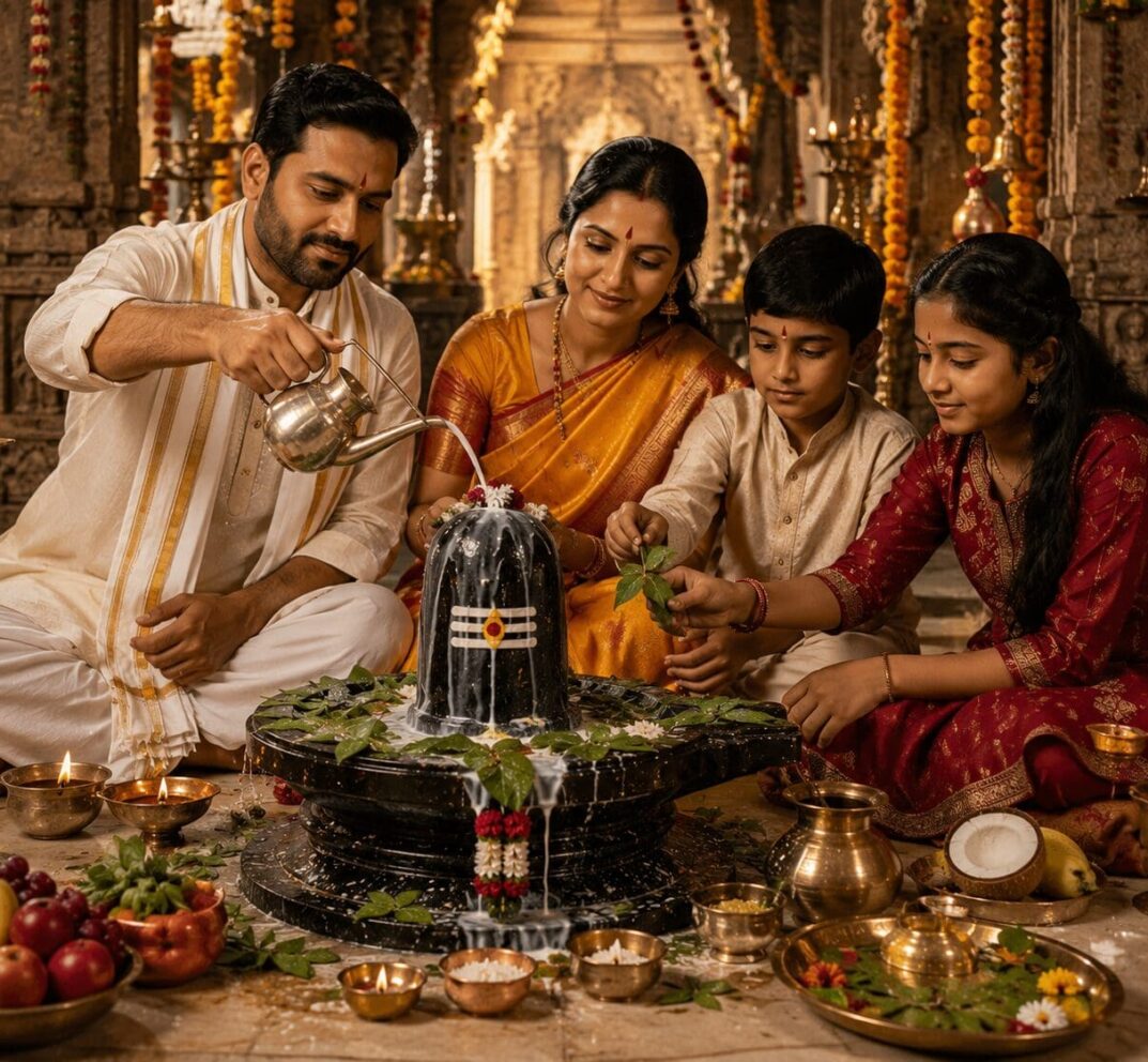 Indian family performing Rudrabhishek Puja at home by offering milk through Shringi on Shivling with Bel Patra, flowers, and Vedic rituals for peace, prosperity, and divine blessings.