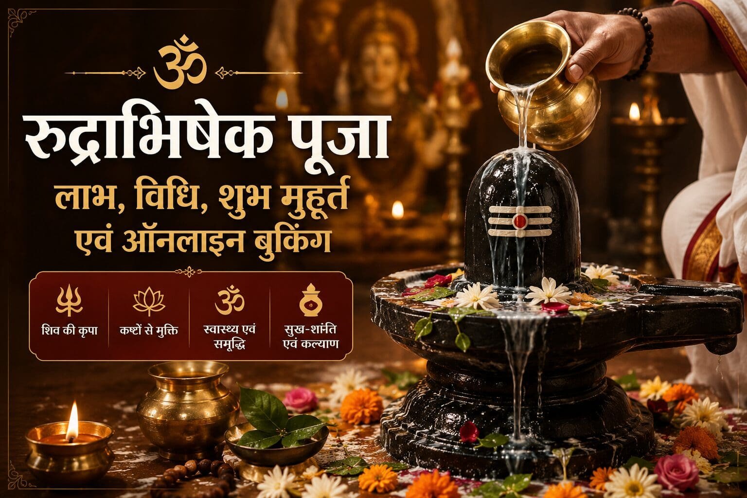 भगवान शिव के शिवलिंग पर कलश से जल अभिषेक करते हुए रुद्राभिषेक पूजा