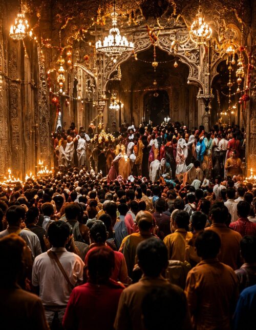 Thousands of devotees gathered inside Shri Banke Bihari Temple in Vrindavan during the grand Janmashtami celebration and Maha Aarti.