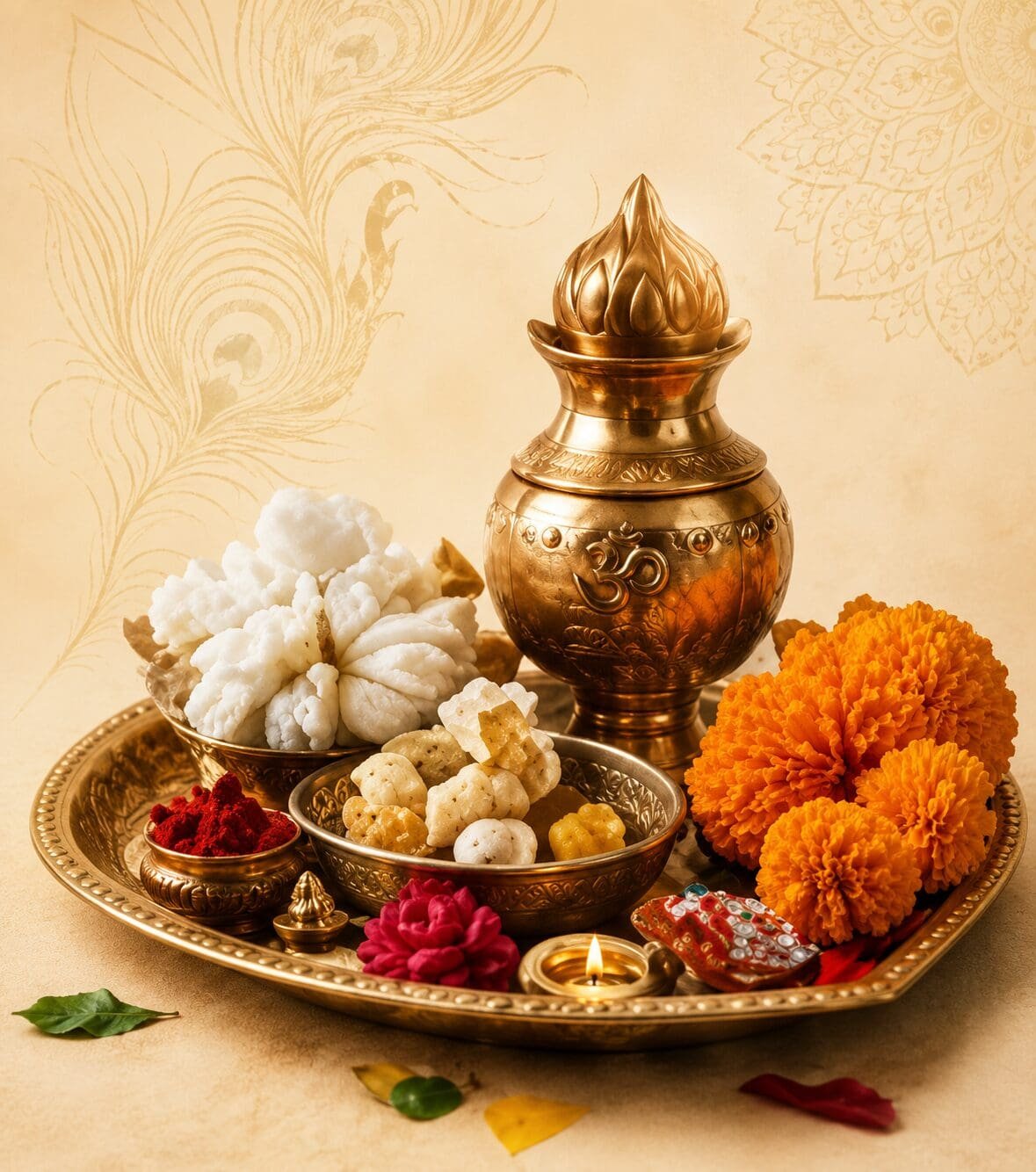 Traditional Janmashtami puja thali with sacred kalash, makhan mishri, flowers, and festive offerings for Lord Krishna worship.