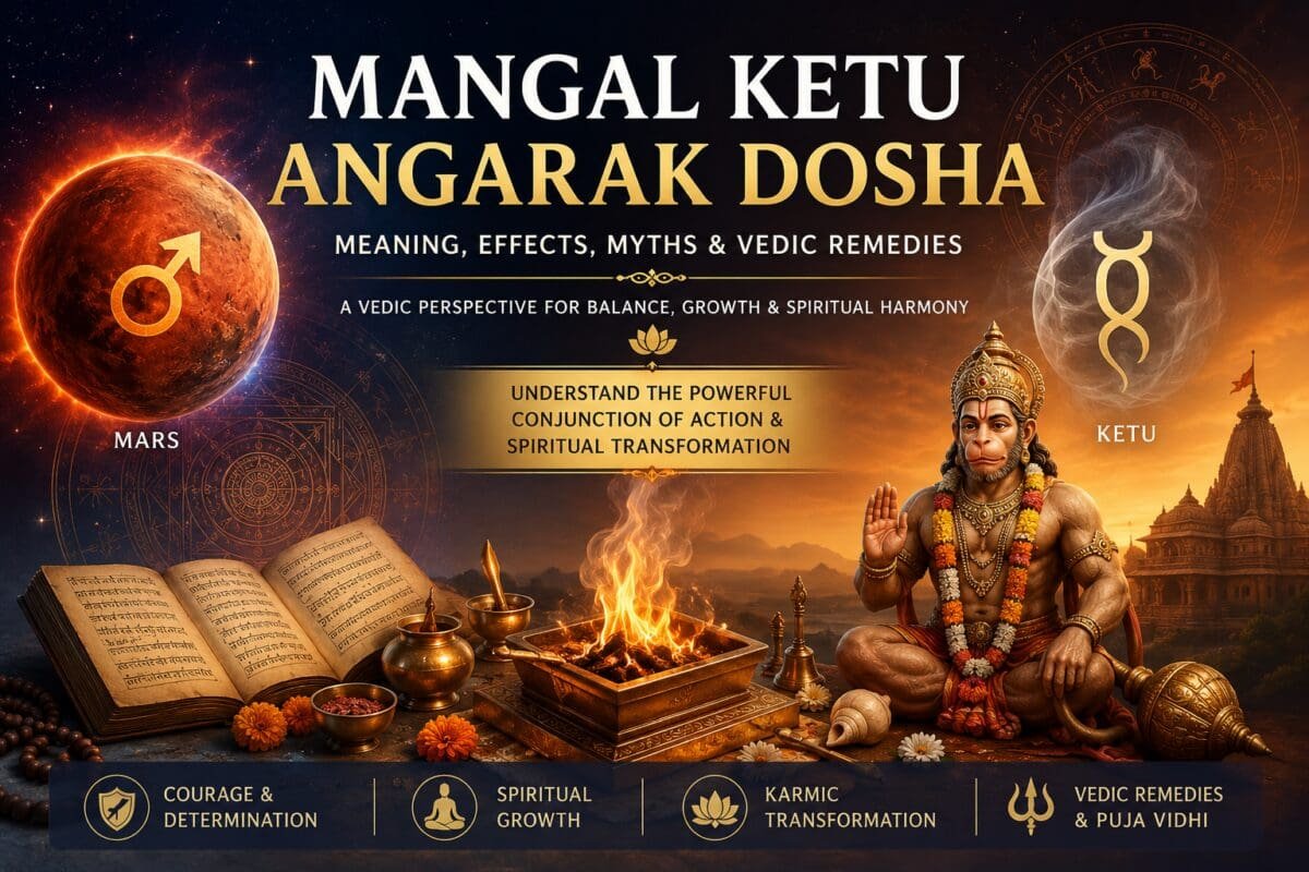 Illustration of Mangal Ketu Angarak Dosha showing the conjunction of Mars and Ketu, Vedic Havan, Lord Hanuman and traditional Vedic remedies in astrology.