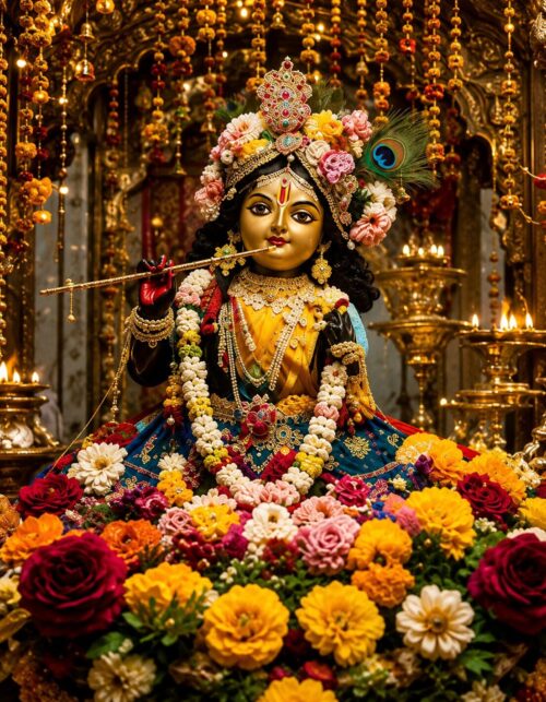 Beautiful idol of Shri Banke Bihari Ji adorned with colorful flowers, peacock feather, flute, and traditional ornaments during Janmashtami celebrations in Vrindavan.