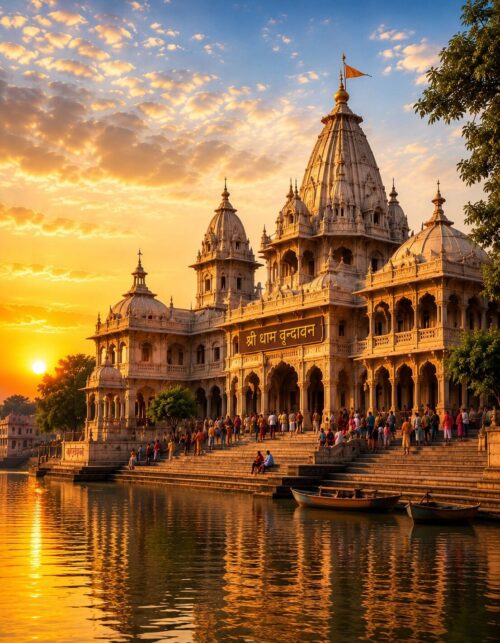 Beautiful view of Vrindavan temple during Janmashtami celebration with devotees gathered for Shri Krishna's divine festivities.